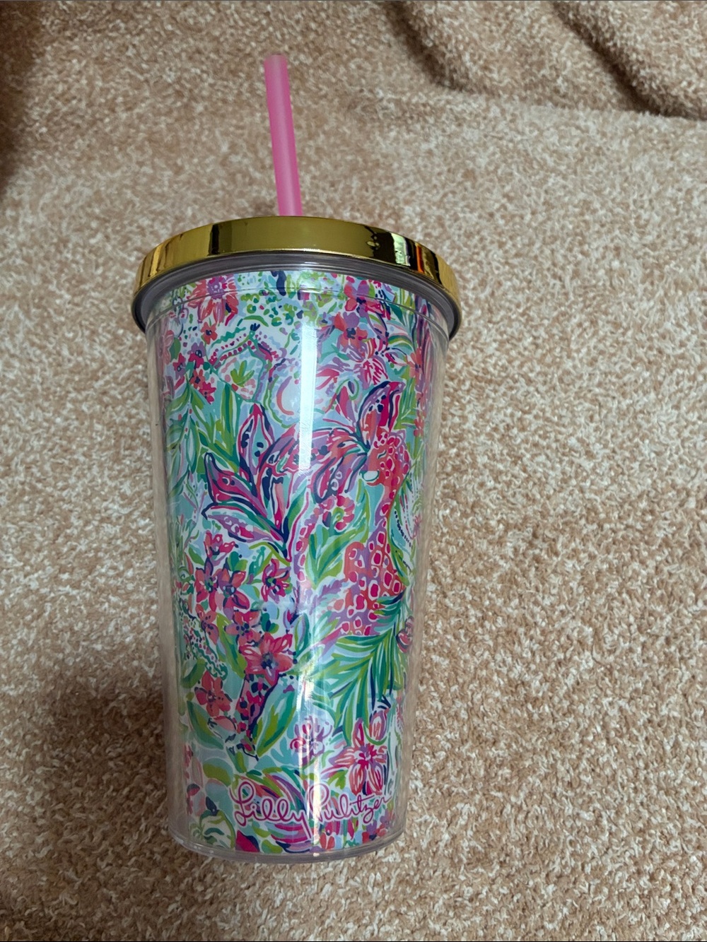 Lilly Pulitzer Pink, Green & Gold Floral Travel Tumbler with Straw